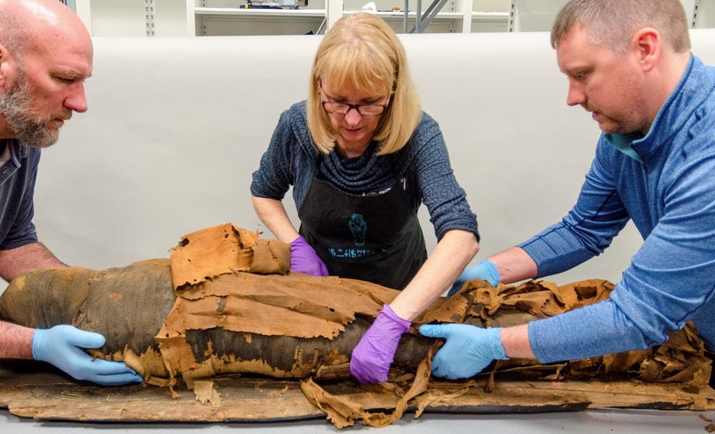Three conservators carefully work to move an Egyptian mummy.